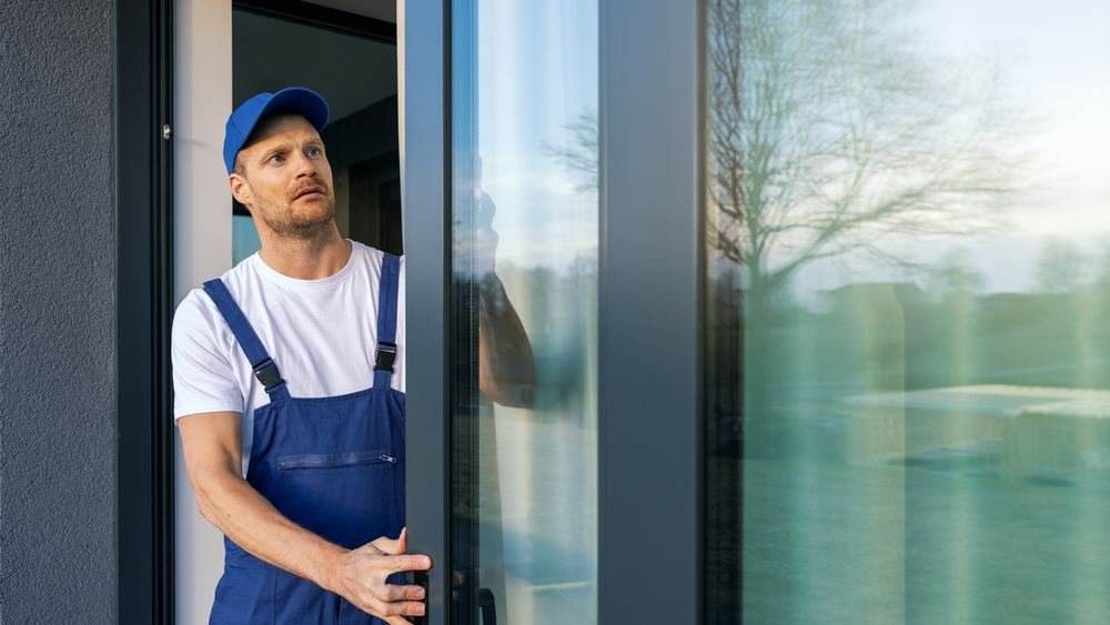 Artisan posant une baie vitrée en aluminium